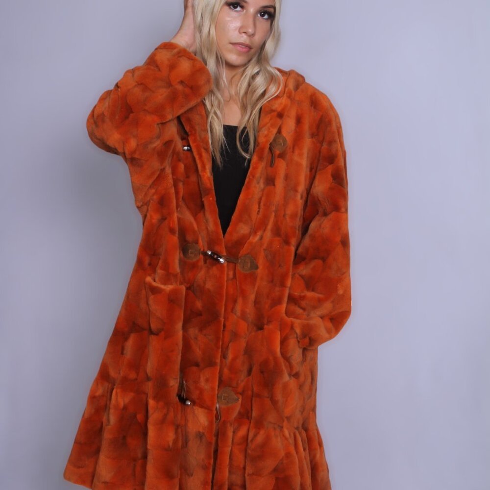Vibrant Orange Sheared Mink Coat with Hood - Picture 5 of 7